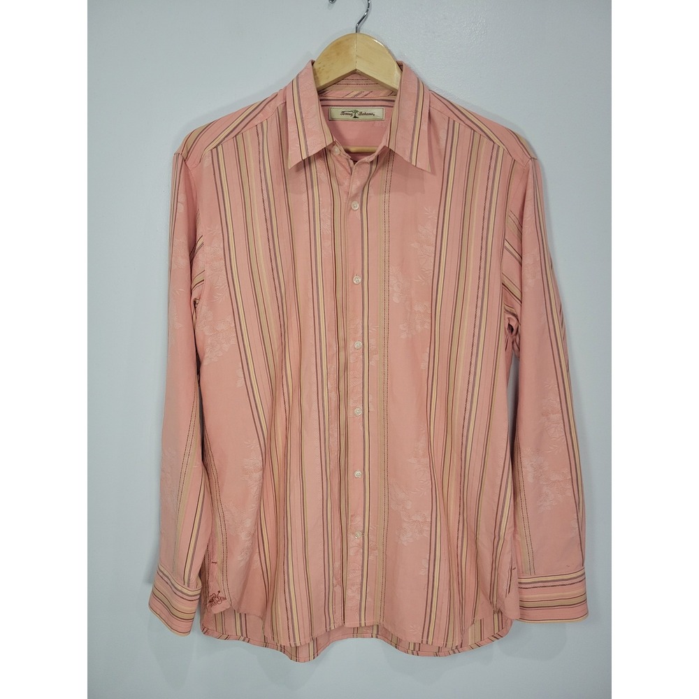 Tommy Bahama Mens Small Silk Cotton Salmon Pink Striped Floral Jacquard Shirt